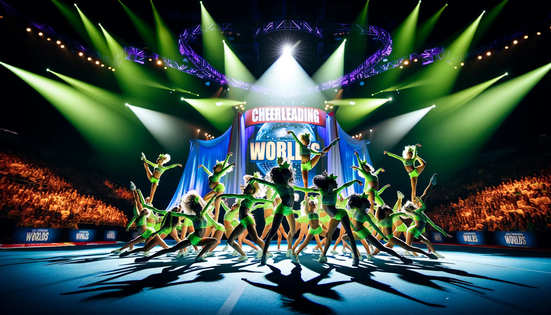 An all-girl all-star cheer team performing at the Cheer Worlds