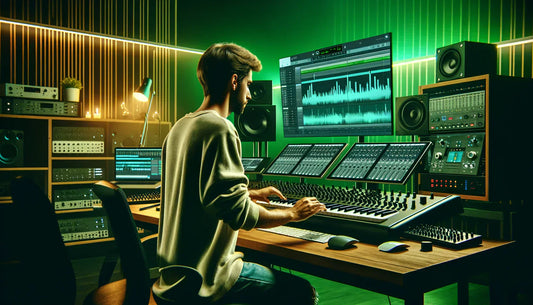 Cheer music producer working in a studio on a custom competition mix