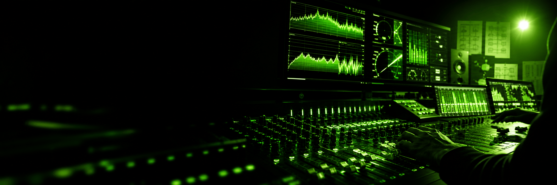 Cheer music production studio with neon green soundwave displays and mixing console — Limelight Music Productions glossary