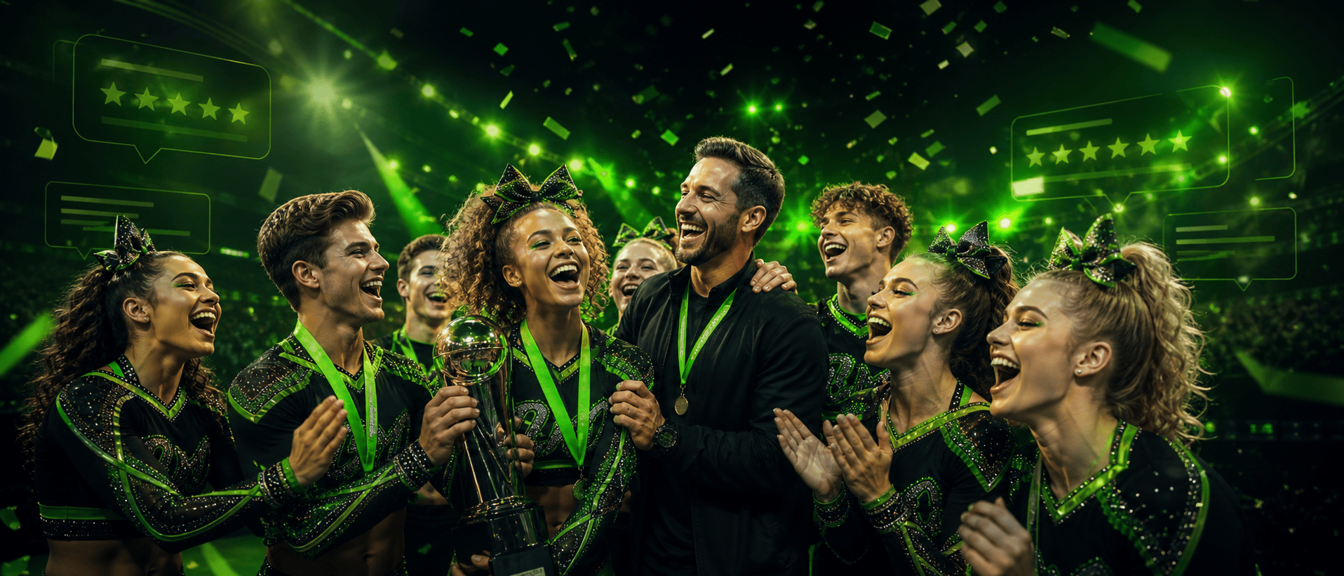 Championship cheer team celebrating with trophy — custom cheer music reviews — Limelight Music Productions