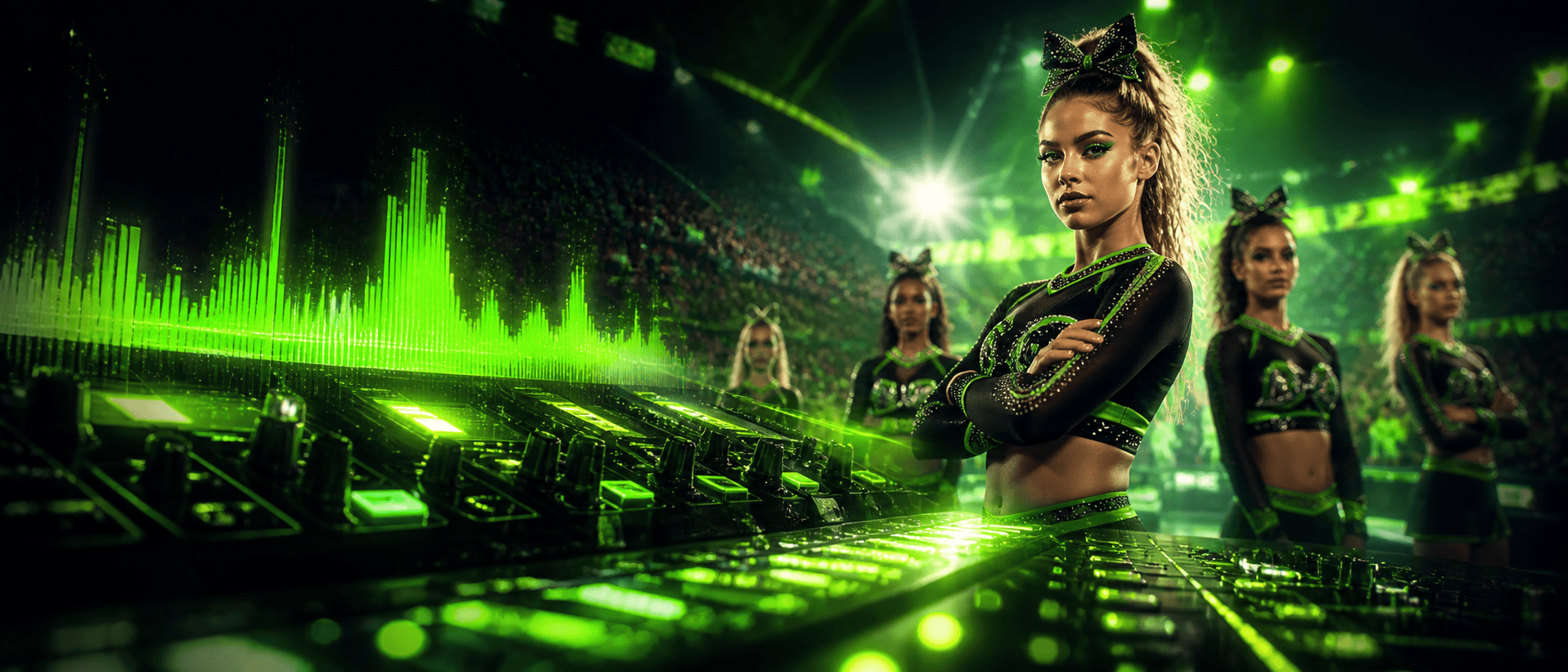 Custom cheer music producer — elite all-star cheerleaders with professional mixing console — Limelight Music Productions