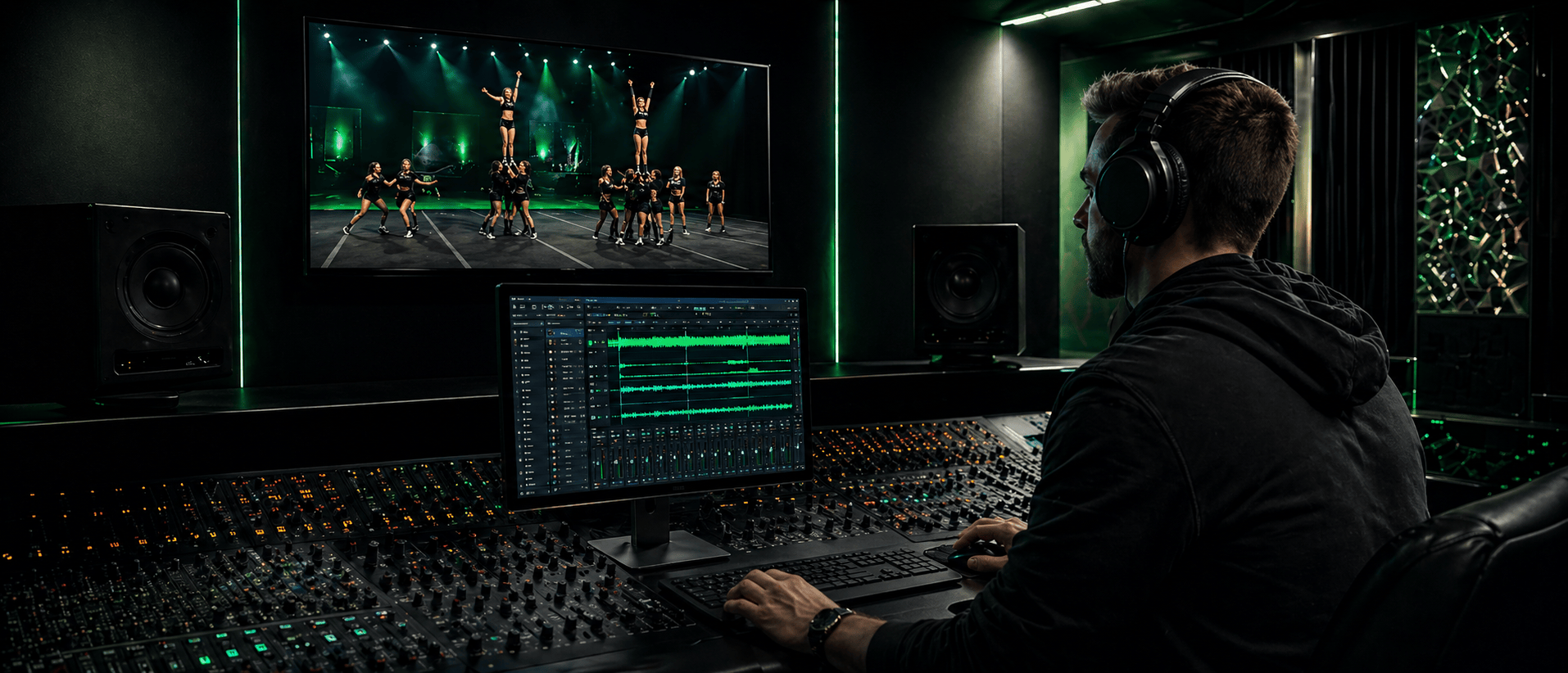 Custom cheer music producer mixing a 1:30 competition routine — Limelight Music Productions