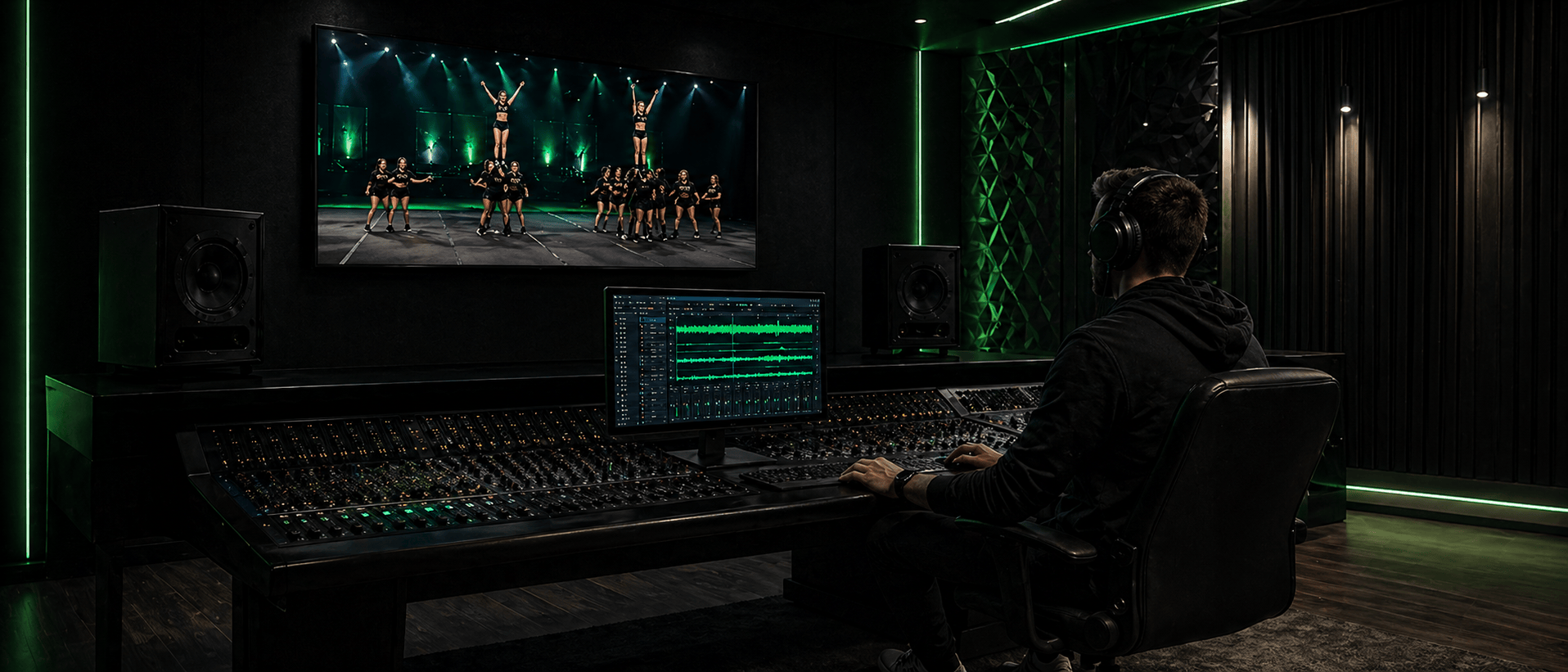 Custom cheer music producer mixing a 1:45 high school competition routine — Limelight Music Productions