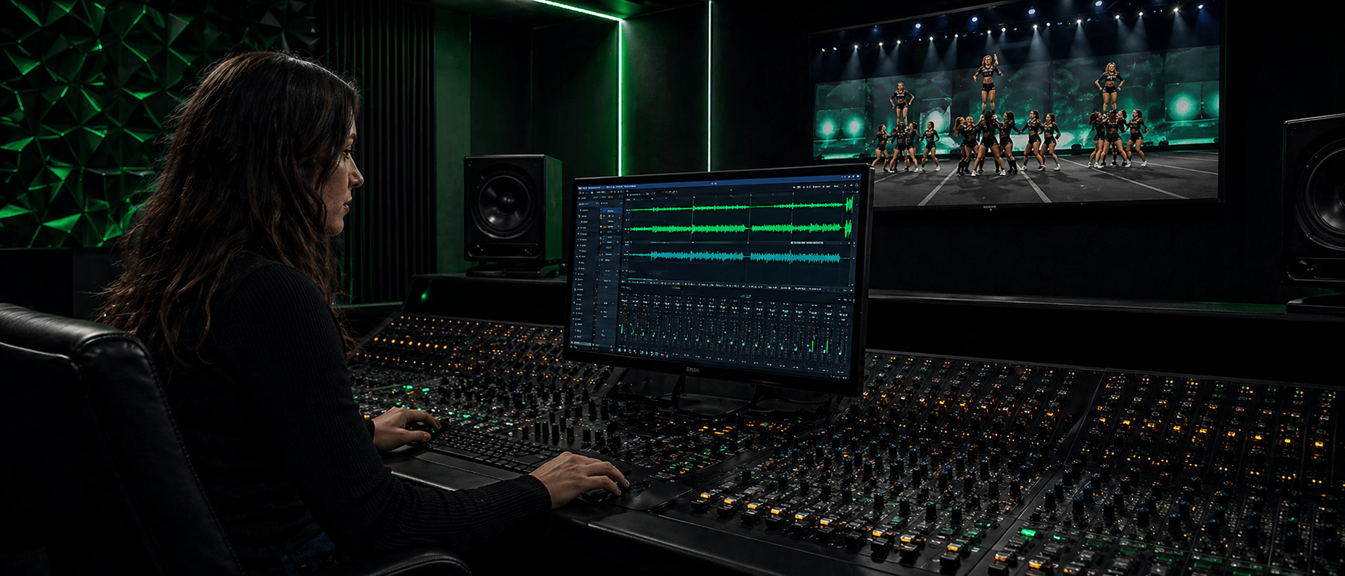 Custom cheer music producer mixing a 2:15 college cheer competition routine — Limelight Music Productions