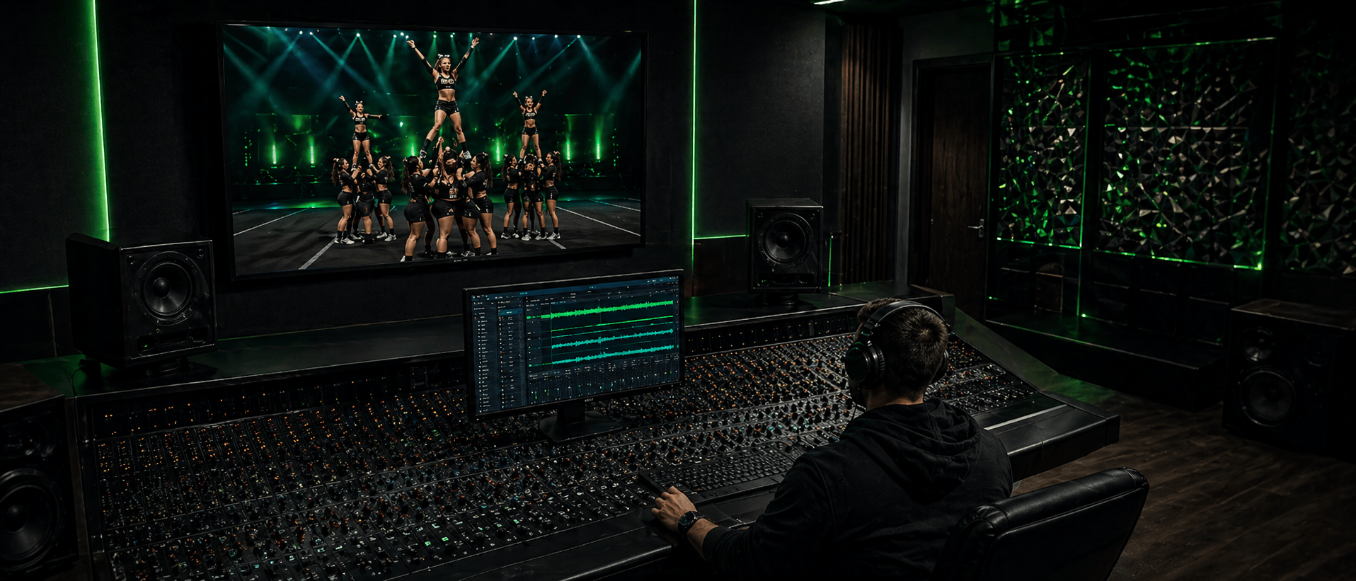 Custom cheer music producer mixing a 2:30 elite all-star competition routine — Limelight Music Productions
