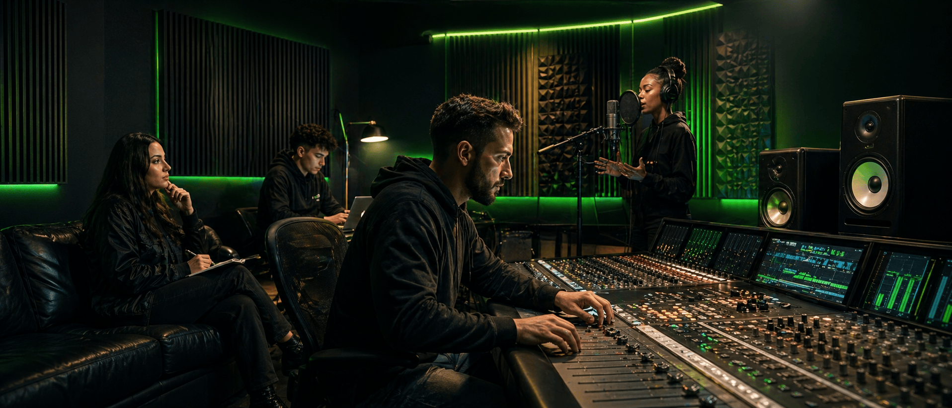 Limelight Music Productions team in the studio producing custom cheer music
