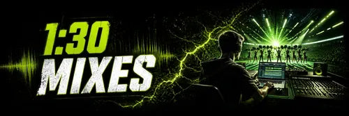 1:30 cheer music mixes from Limelight Music Productions with neon green audio waveforms, a music producer, and a cheer team performance