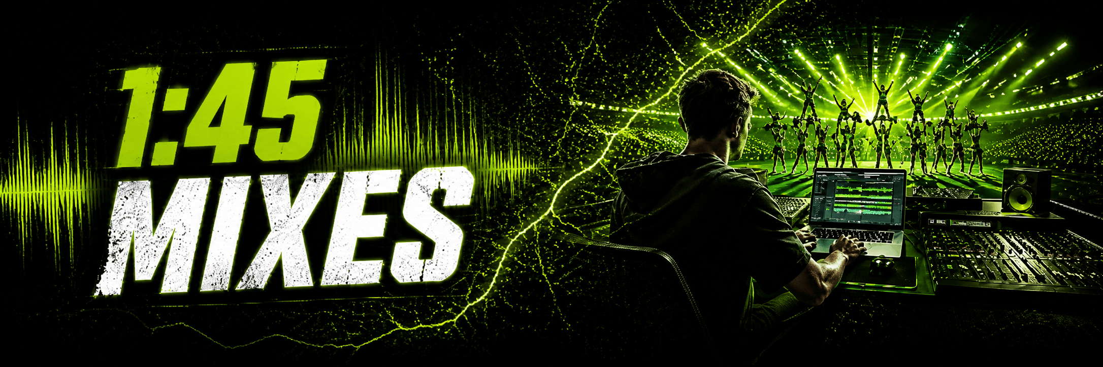 1:45 cheer music mixes by Limelight Music Productions featuring a music producer, neon audio effects, and a high-energy cheer performance