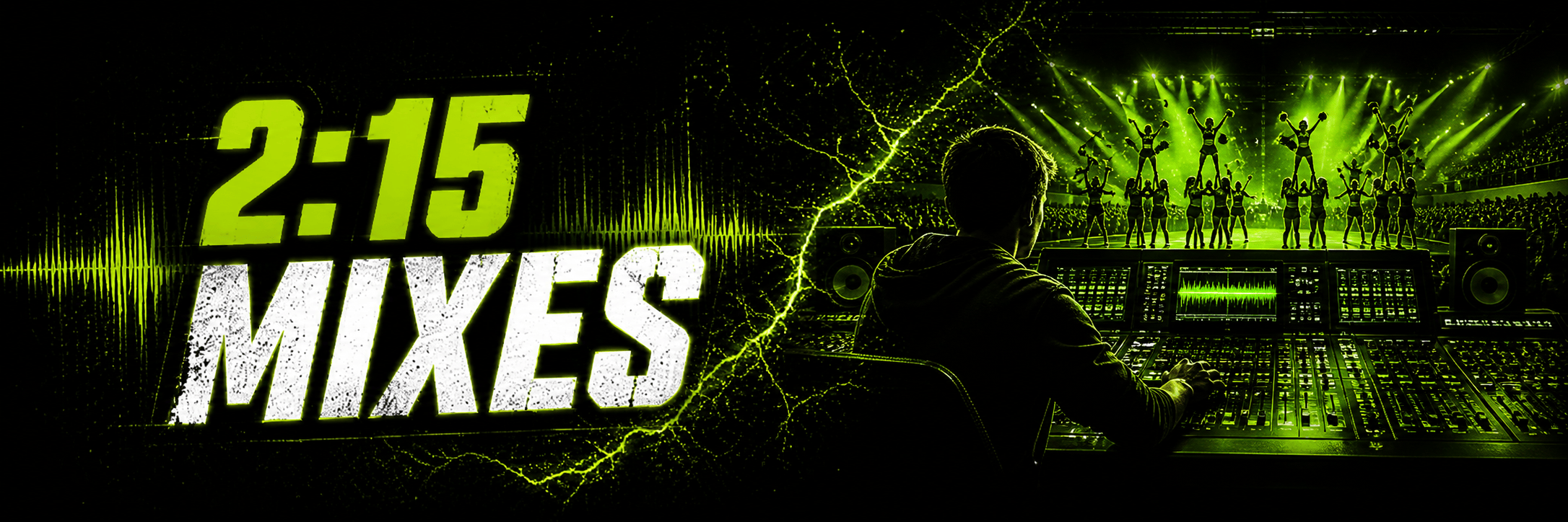 2:15 cheer music mixes by Limelight Music Productions featuring neon green sound waves, mixing equipment, and cheer athletes on stage