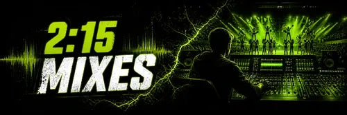 2:15 cheer music mixes by Limelight Music Productions featuring neon green sound waves, mixing equipment, and cheer athletes on stage