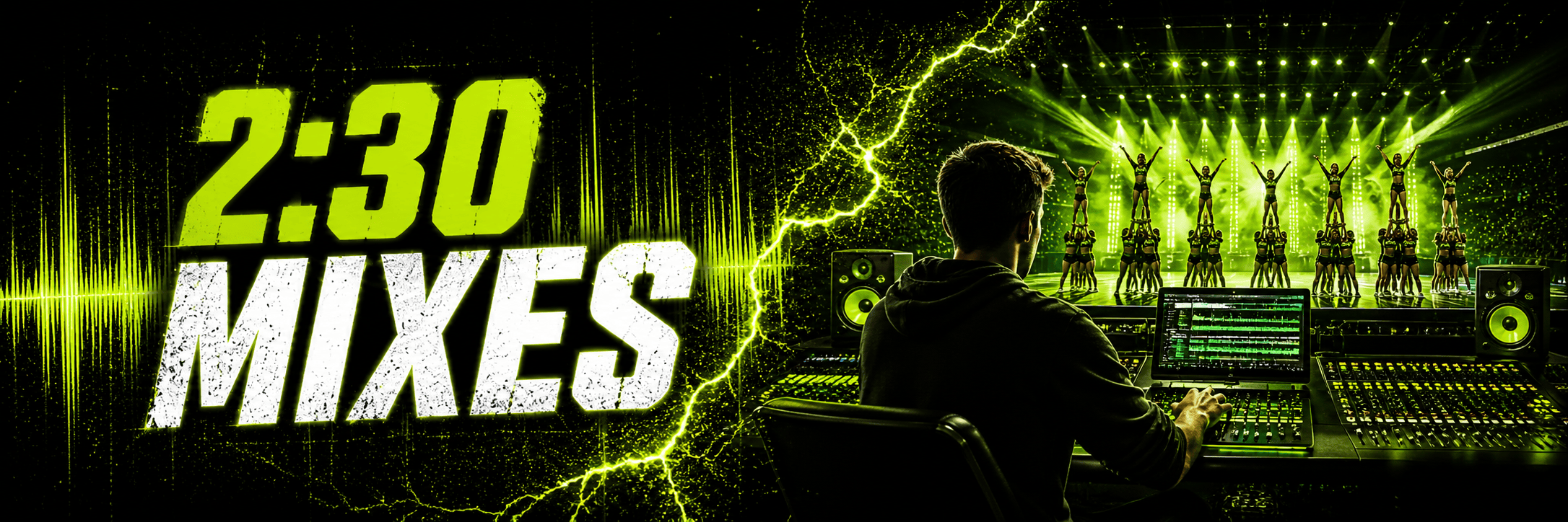 2:30 cheer music mixes from Limelight Music Productions with custom audio production, neon green energy, and a cheer team routine