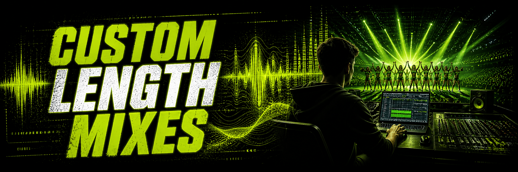 Custom length cheer music mixes by Limelight Music Productions with neon audio visuals, a music producer, and competitive cheer performance energy