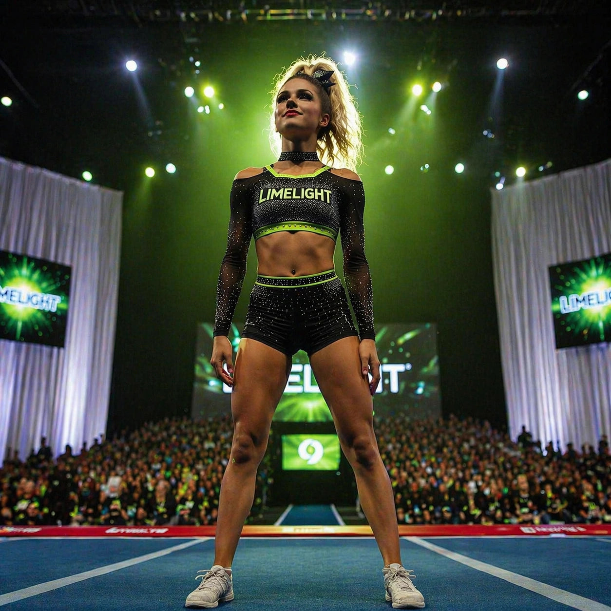 Cheerleader in a black and green outfit with 'LimeLight' branding on a stage in front of an audience.